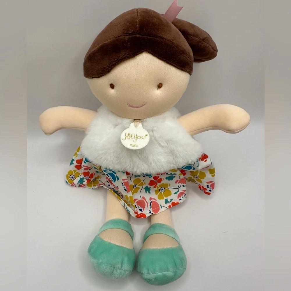Jolijou Paris Soft Doll Plush Girl Floral Dress Faux Fur Collar 12” Rag Doll
